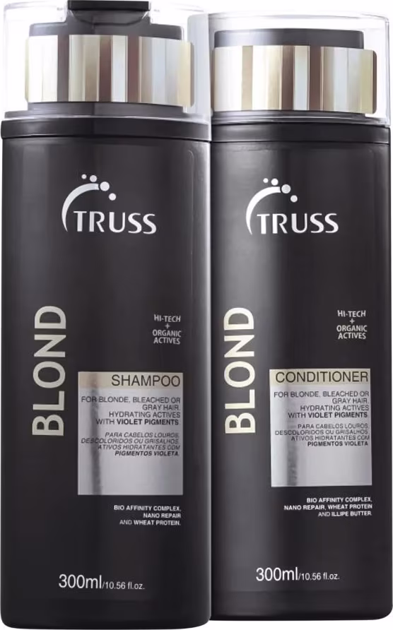 A imagem mostra dois frascos, um de shampoo e outro de condicionador da marca Truss. Os frascos são pretos de 300ml.