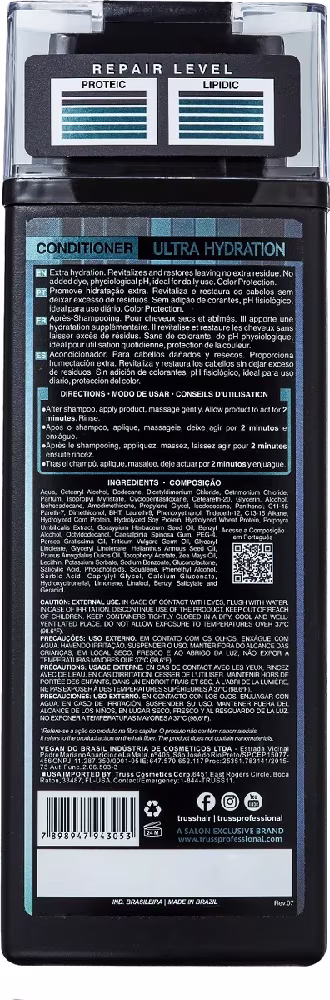 A imagem mostra um frasco de 300ml de condicionador preto, de costas.