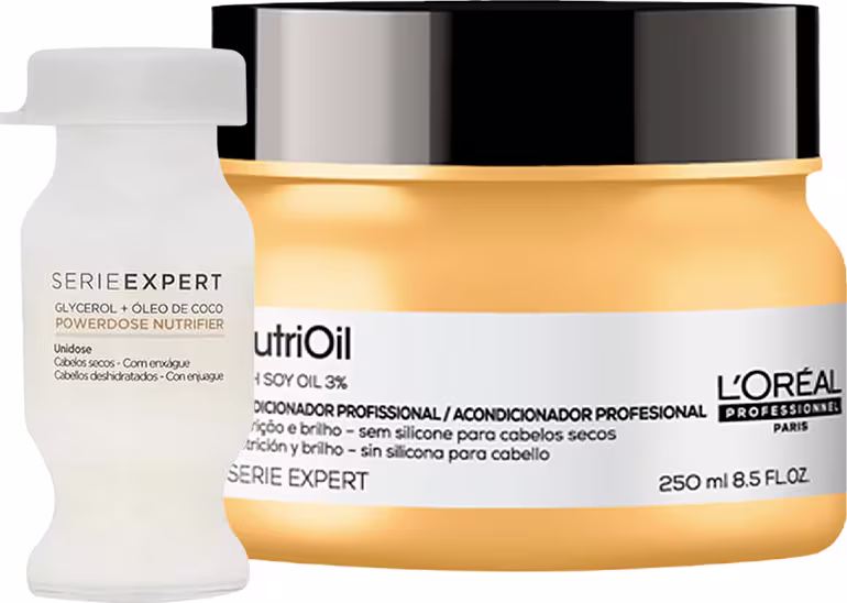 Máscara carapilar profissional da linha Serie Expert NutriOil da L'Oréal Professionnel. O frasco é de plástico rígido, com uma parte inferior amarela e uma tampa preta brilhante. Ao lado, também há uma ampola capilar, ideal para nutrir os fios.