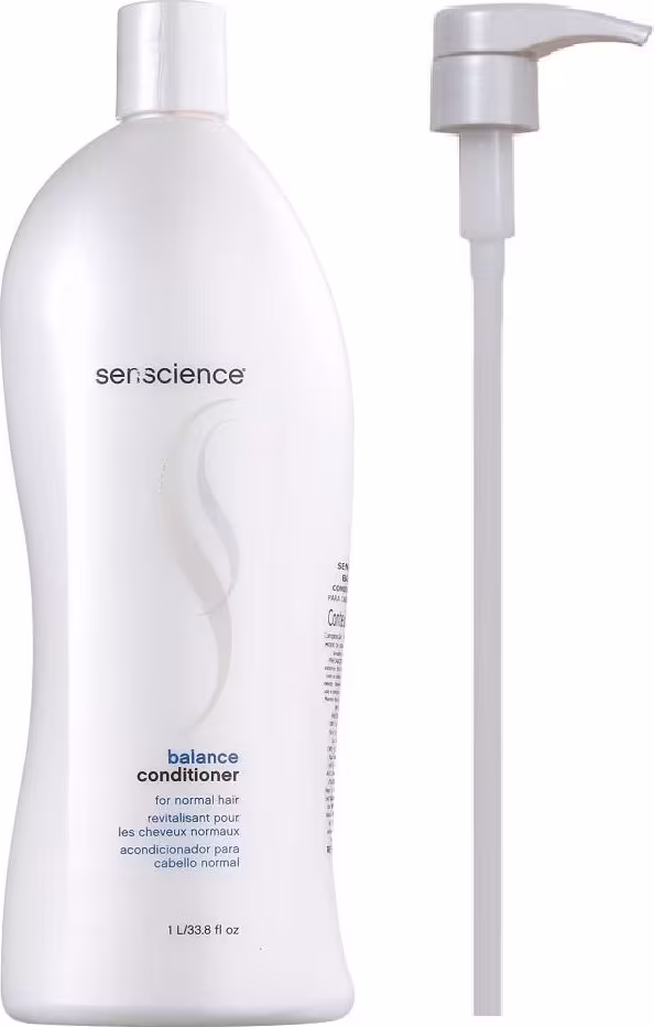 Condicionador da marca Senscience, na cor branca. O rótulo do produto indica que se trata de um condicionador de equilíbrio, destinado a cabelos normais, com a capacidade de 1 litro. Acompanha válvula pump.