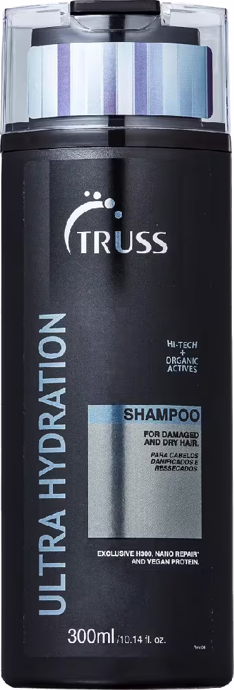 A imagem mostra um frasco de shampoo da marca Truss, da linha Ultra Hydration. O frasco é preto, com detalhes prateados e azuis. O rótulo informa que é um shampoo para cabelos danificados e ressecados.