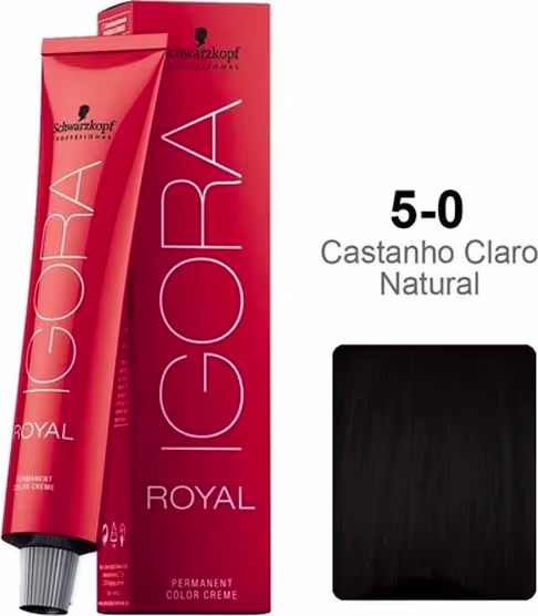 Coloração de cabelo da marca Schwarzkopf Professional, na cor vermelha, com o nome "Igora Royal" impresso em preto. O produto é descrito como uma tintura de cabelo permanente.