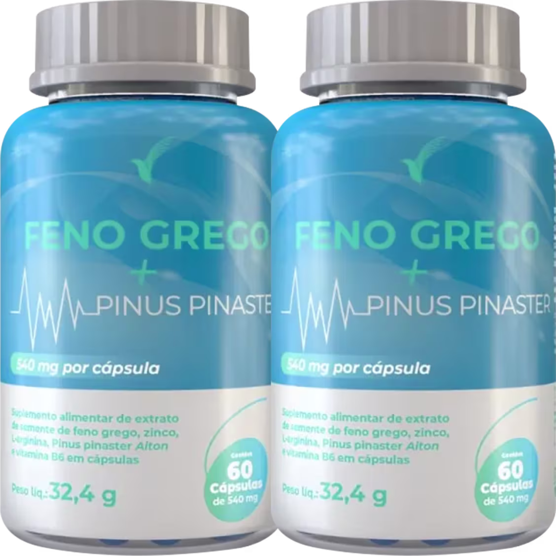 Dois frascos de cápsulas de Pinus Pinaster Feno Grego, com 540 mg por cápsula, em embalagem azul e branca com informações sobre o produto, da marca Eleve Life. Cada frasco com 60 cápsulas