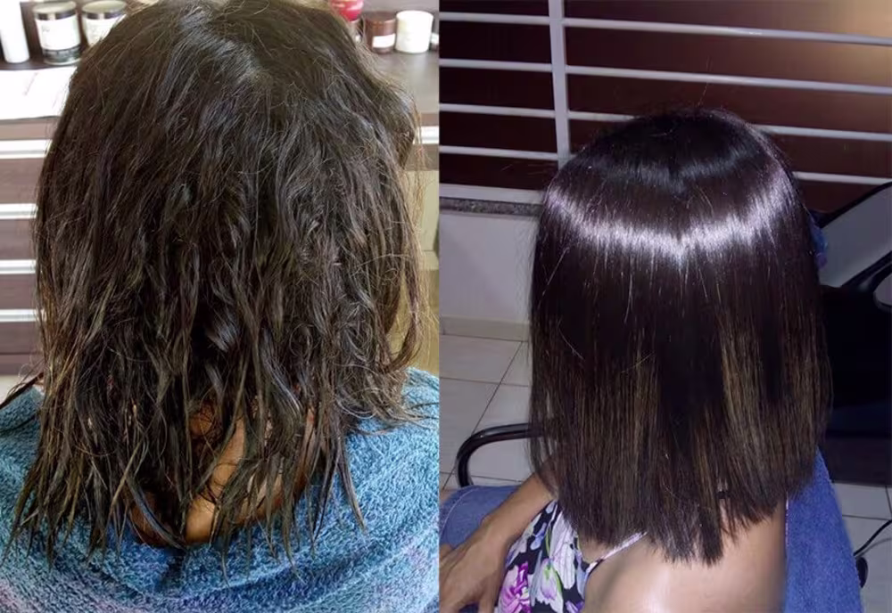 Resultado de antes e depois do uso do Kit Borabella com cabelos alinhados e com brilho