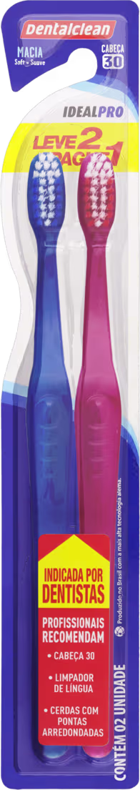 Conjunto de duas escovas de dentes da marca Dentalclean. As escovas têm cabos plásticos, uma azul e outra rosa, com cerdas de nylon. Os rótulos destacam as características "Cabeça 30", "Limpador de língua" e "Cerdas com pontas arredondadas".