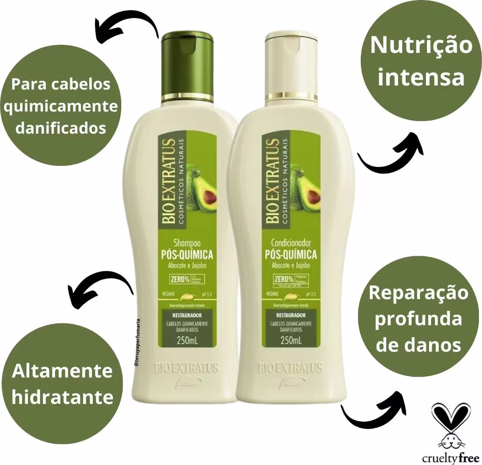 Para cabelos quimicamente danificados: Nutrição intensa, Reparação profunda de danos, Altamente hidratante. Shampoo e Condicionador Pós-Química, Bioextratus, 250mL cada.