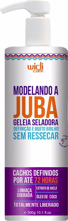 Embalagem plástica branca com rótulo branco, roxo e laranja e bomba dosadora. Rótulo com texto "Modelando a Juba - Geleia Seladora Definição e Muito Brilho Sem Ressecar", "Cachos Definidos por até 72 horas", "Linhaça Dourada" e "Óleo de Coco". 300g.