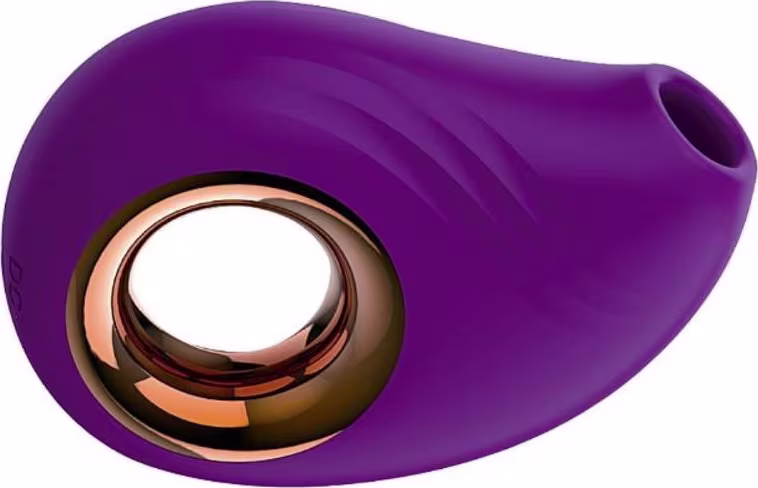 Vibrador de silicone de cor roxa com detalhes dourados, com formato curvo e ergonômico, projetado para estimulação íntima.