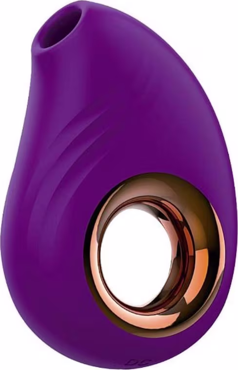 Vibrador de silicone de cor roxa com detalhes em cobre, com formato ovalado e curvo, projetado para estimulação íntima.