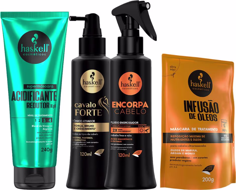 Kit Haskell Cavalo Forte + Encorpa Cabelo + Supermáscara Acidificante + Infusão de Óleos, 4 produtos.