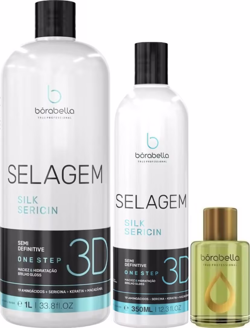 Kit com escova progressiva Selagem 3D de diferentes tamanhos, e reparador de pontas, da marca Borabella.