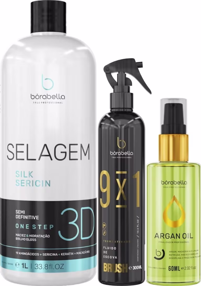 Kit com escova progressiva Selagem 3D, leave-in 9x1 Brush e reparador de pontas, da marca Borabella.