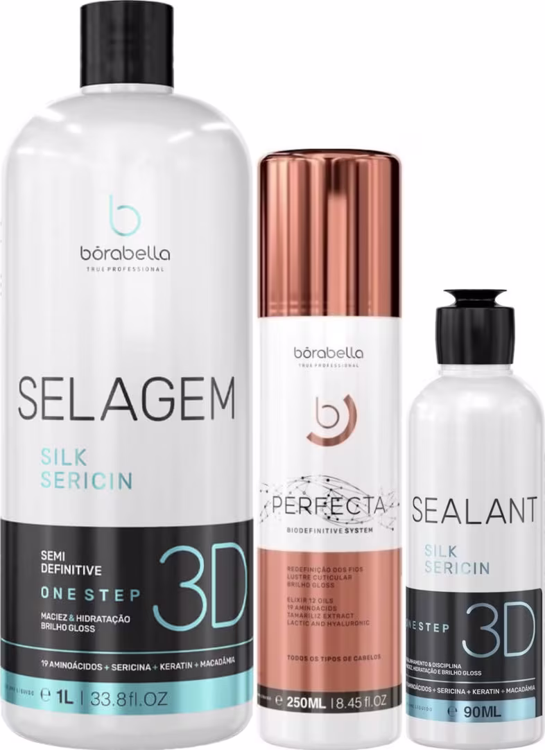 Kit com progressiva Selagem 3D de diferentes tamanhos e redutor de volume Perfecta, da marca Borabella.