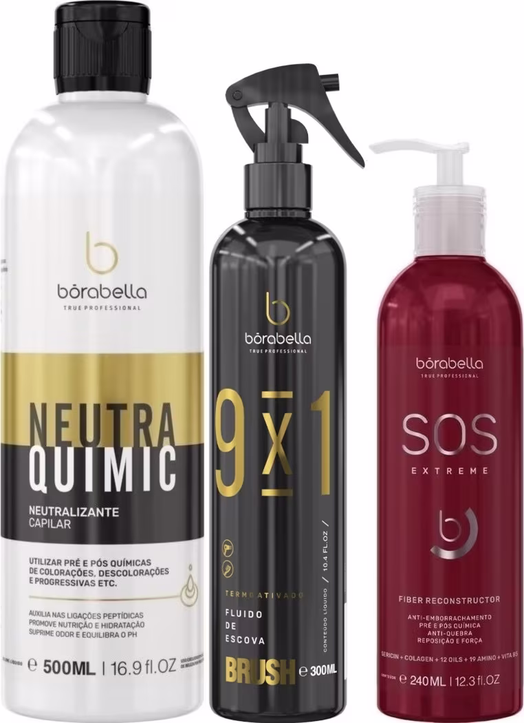 Kit com neutralizante NeutraQuimic, leave-in 9x1 Brush e máscara SOS Extreme, da marca Borabella