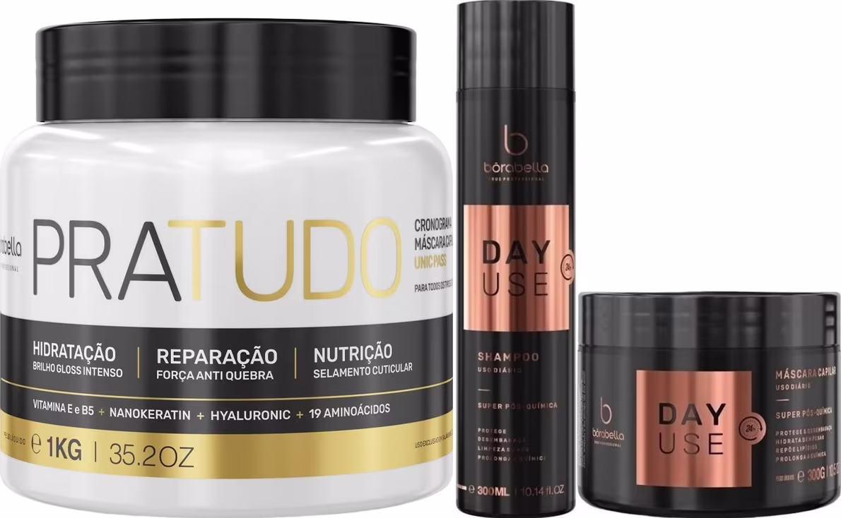 Kit com máscara Pra Tudo, shampoo Day Use e máscara Day Use, da marca Borabella.