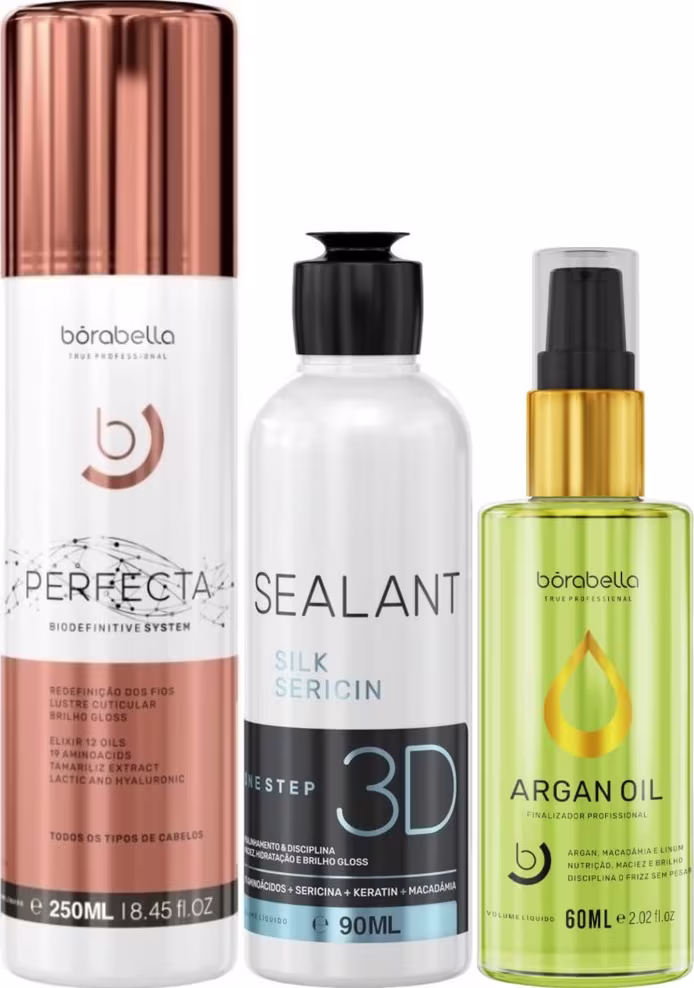Kit com escova progressiva Perfecta, escova semidefinitiva Selagem 3D, além de reparador de pontas, da marca Borabella.