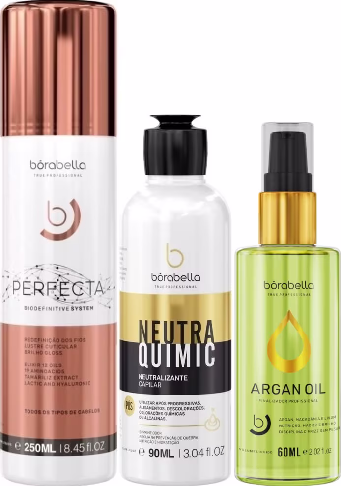 Kit com escova progressiva Perfecta, neutralizante capilar NeutraQuimic, além de reparador de pontas, da marca Borabella.