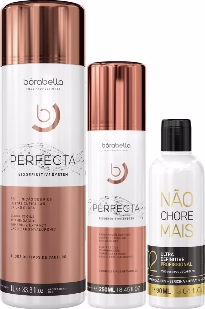Kit com escova progressiva Perfecta de diferentes tamanhos, além de redutor de volume Não Chore Mais, da marca Borabella.