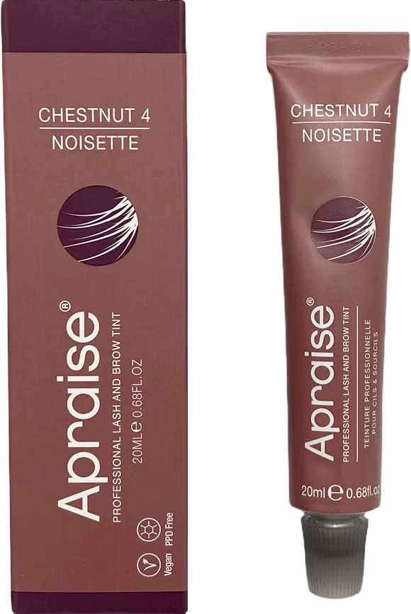 Produto de coloração para cílios e sobrancelhas. Um tubo de plástico marrom contendo 20ml, ao lado de uma caixa retangular marrom escuro com o mesmo nome e cor do produto.