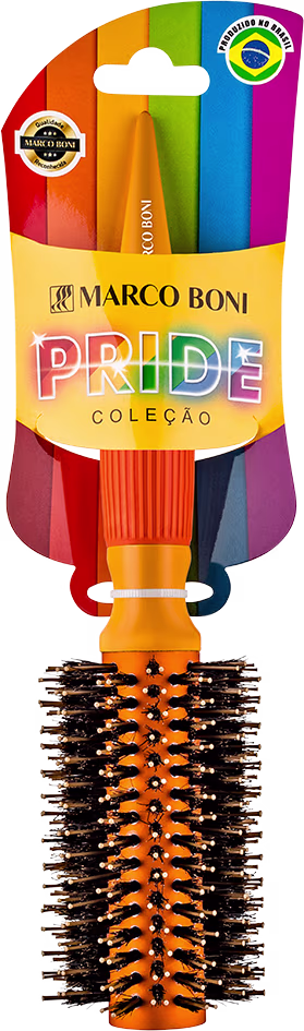 Escova de cabelo da linha Pride da marca Marco Boni.  O rótulo exibe o nome da linha "Pride" e a marca Marco Boni em letras coloridas, como referência à bandeira do arco-íris.