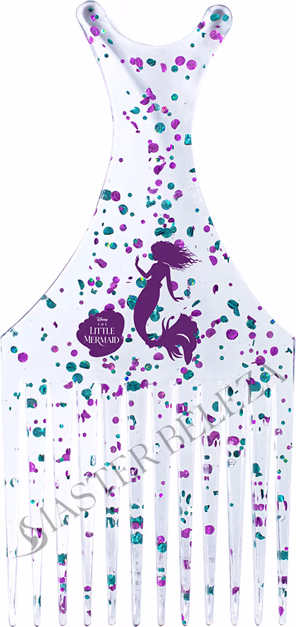 Pente de cabelo afro  com silhueta de sereia e texto "Little Mermaid". O pente apresenta detalhes espalhados em tons de roxo e turquesa, criando um efeito de salpicos de tinta.