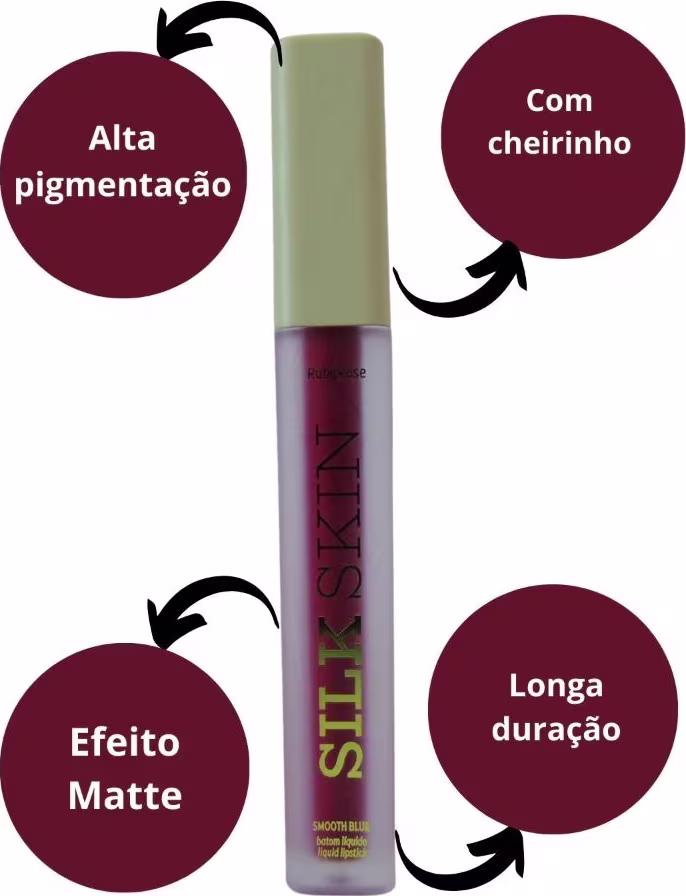 Batom líquido Ruby Rose. O produto é descrito como tendo "alta pigmentação", "efeito matte", "com cheirinho" e "longa duração".