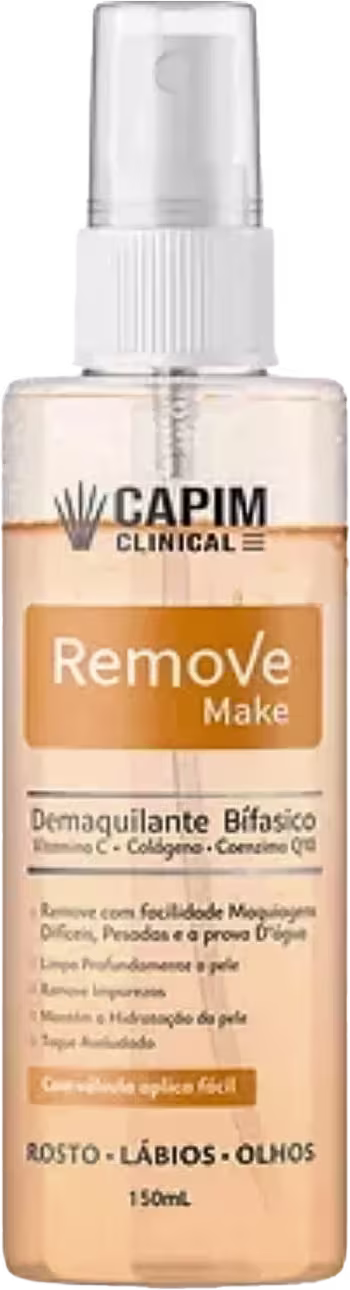 A imagem mostra um frasco transparente e contém um líquido de cor bege claro. O rótulo indica que se trata do produto "Remove Make", um demaquilante bifásico que promete remover maquiagem com facilidade, além de hidratar e proteger a pele.