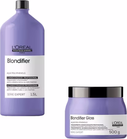 Imagem mostra kit de tratamento capilar profissional da linha L'Oréal Professionnel Serie Expert Blondifier. Consiste em um condicionador com frasco plástico lilás de 1,5 litros e um pote plástico lilás de 500g com o nome "Blondifier Gloss".