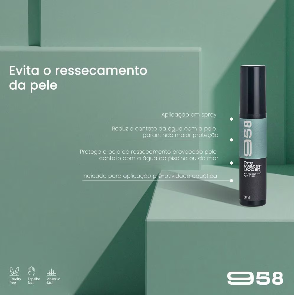 Loção protetora corporal Pre Water Boost, da marca 958. Evita ressecamento da pele