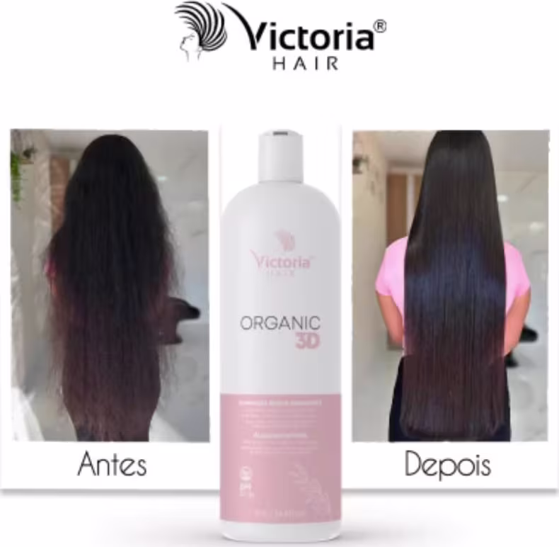 A imagem mostra um frasco de 1 litro do produto com imagem de antes e depois do tratamento alisante.