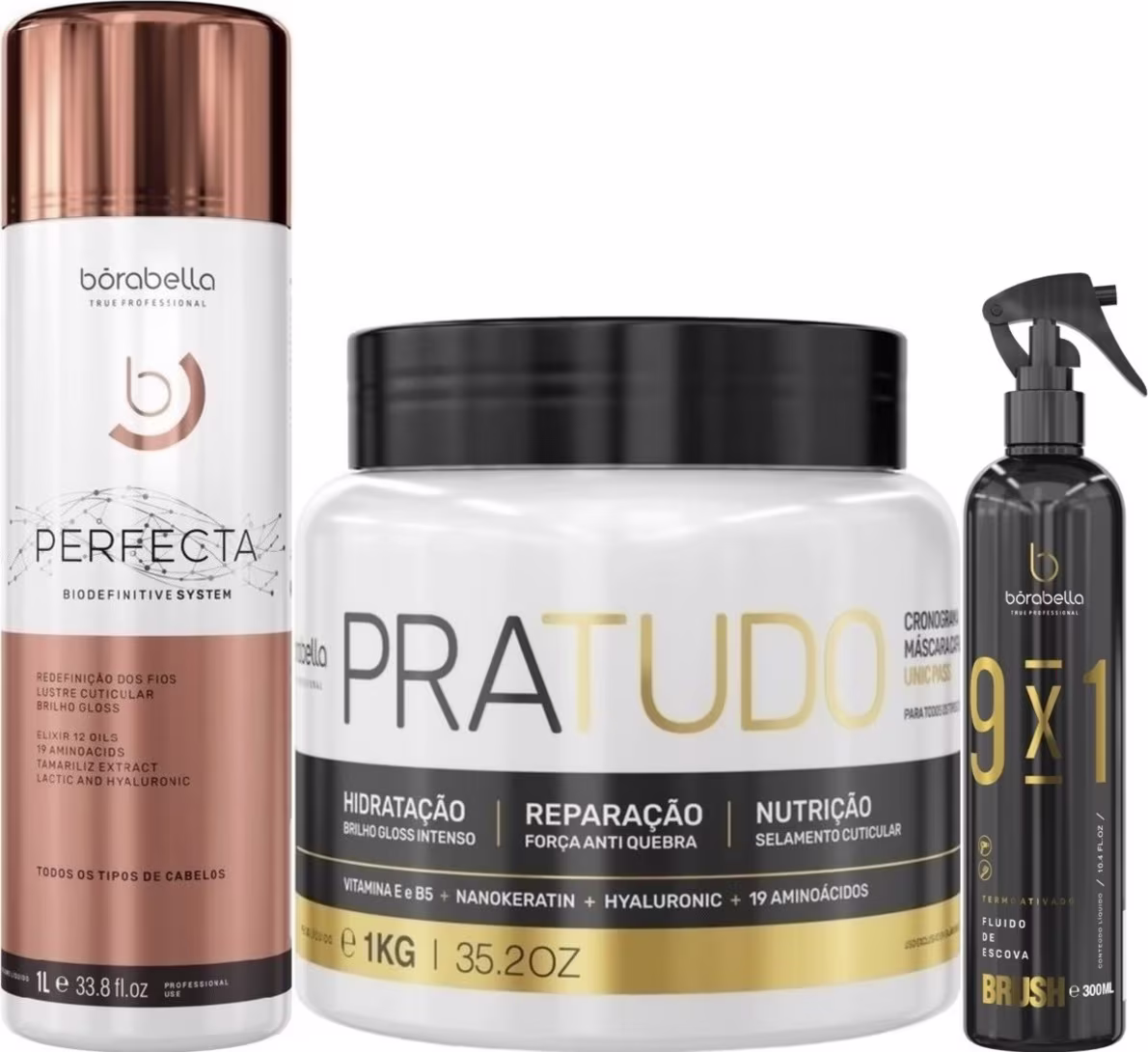 Kit Borabella Escova Progressiva Perfecta 1 litro+ Máscara Capilar Pratudo 1kg + Fluido Brush 300ml