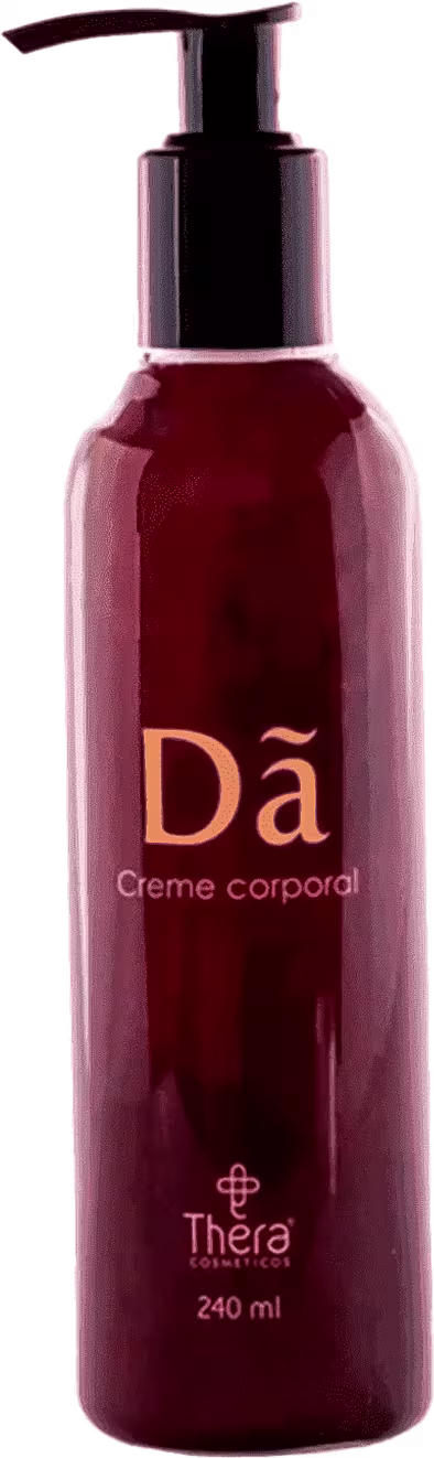 Creme corporal em frasco plástico vermelho de 240ml. O frasco tem um dosador bomba na parte superior. O rótulo frontal exibe o nome do produto "Dâ Creme corporal" em letras amarelas sobre fundo vermelho, junto com o logotipo da marca Thera Cosméticos.