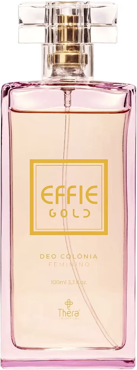 Perfume feminino em frasco retangular de vidro transparente com líquido rosa claro. Embalagem com tampa quadrada transparente. Nome "Effie Gold" em letras maiúsculas e texto "Deo Colonia Feminino" abaixo. Apresenta o logotipo "Thera" na parte inferior.