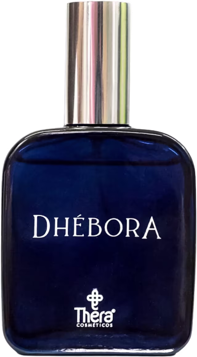 Perfume em frasco de vidro azul escuro com tampa metálica prateada. O frasco apresenta o nome "Dhébora" em letras brancas na parte frontal, abaixo o logotipo da marca Thera Cosméticos.