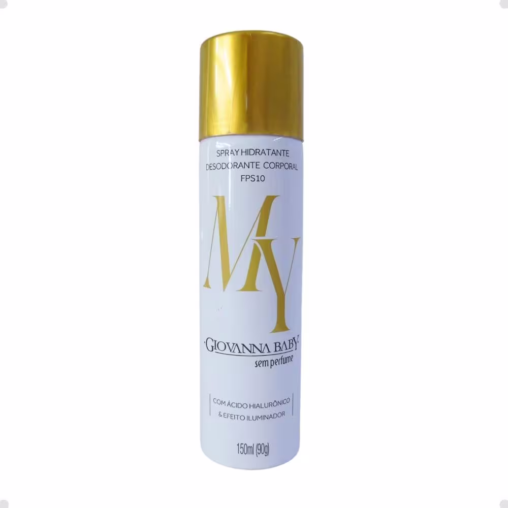 Spray hidratante desodorante corporal da marca Giovanna Baby, com frasco branco e tampa dourada, contendo informações sobre o produto como FPS10 e efeito iluminador.
