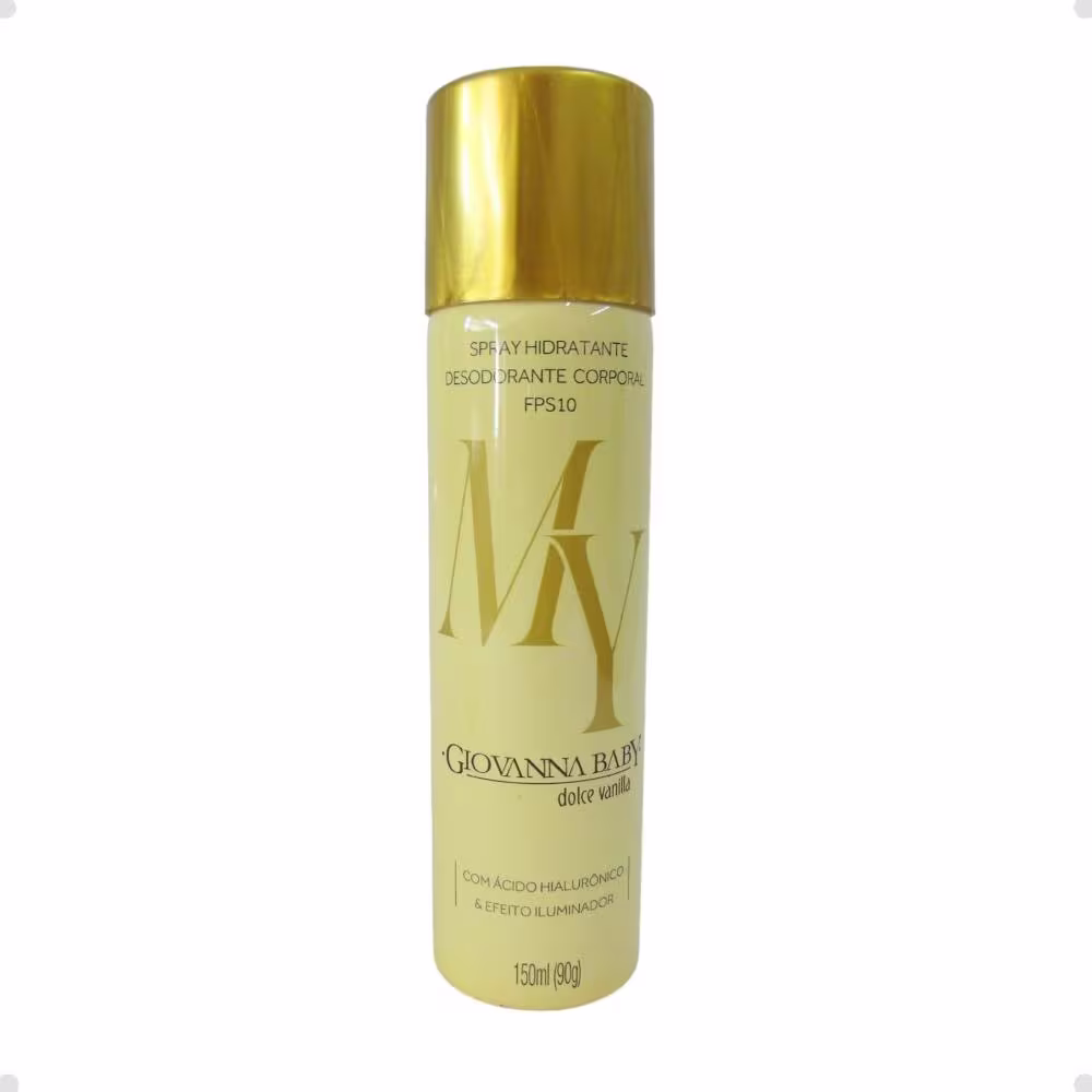 Frasco dourado de desodorante corporal hidratante da marca Giovanna Baby, com FPS 10 e aroma de baunilha, contendo 150ml do produto.