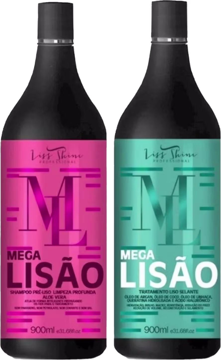 Dois frascos de plástico pretos de 900ml cada, contendo produtos para cabelos da linha Mega Lisão da marca Liss Shine. Um frasco é rosa com o rótulo "Shampoo Pré-Liso Limpeza Profunda" e o outro é azul-esverdeado com o rótulo "Tratamento Liso Selante".