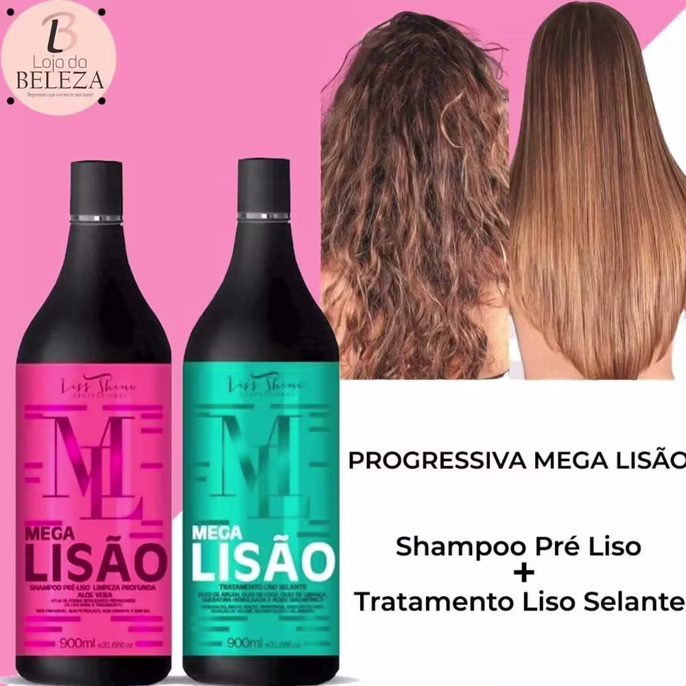 Dois frascos de plástico pretos de 900ml cada, contendo produtos para cabelos da linha Mega Lisão da marca Liss Shine. Um frasco é rosa com o rótulo "Shampoo Pré-Liso Limpeza Profunda" e o outro é azul-esverdeado com o rótulo "Tratamento Liso Selante".
