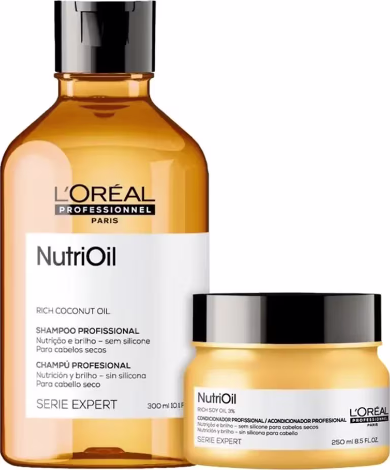 A imagem mostra dois produtos de cuidados capilares da linha NutriOil da L'Oréal Professionnel. Um é um shampoo profissional em um frasco plástico âmbar de 300ml. O outro produto é um condicionador profissional em um pote âmbar de 250ml.