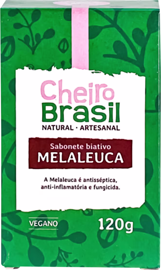 Sabonete da marca Cheiro Brasil de 120g. Embalagem retangular com estampas de folhagens. Descrição em indicando que é um sabonete natural, artesanal e vegano com propriedades antissépticas, anti-inflamatórias e fungicidas.