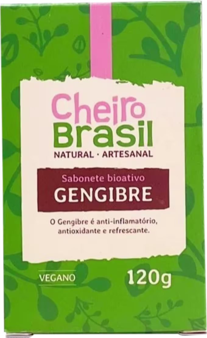 Sabonete Cheiro Brasil. Embalagem retangular de 120g em tons de verde com estampa de folhagens. Rótulo central branco com o nome do produto "Gengibre" em marrom. Descrição indicando que o gengibre é anti-inflamatório, antioxidante e refrescante.
