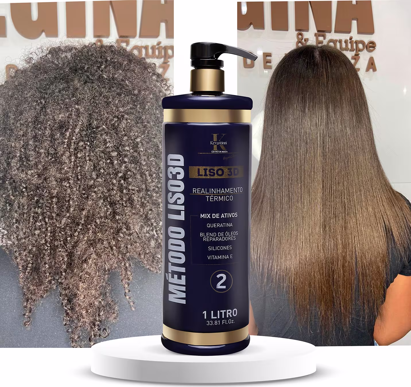 O produto apresentado é um realinhamento térmico para cabelos da linha Kerastase. É um frasco plástico azul marinho com detalhes dourados, contendo 1 litro do produto. A embalagem exibe o nome "Liso 3D Método Liso 2" e informações.