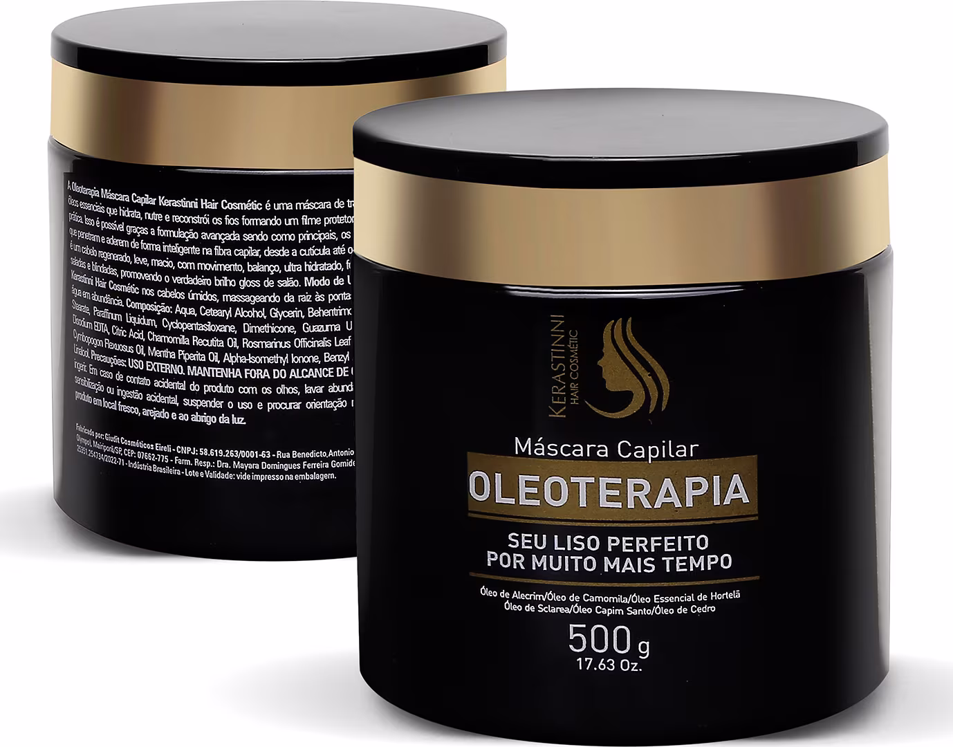 São dois frascos de máscara capilar da linha Oleoterapia da marca Kerastinni. Os frascos têm formato cilíndrico, com tampa preta e detalhes dourados na parte superior. As embalagens são predominantemente pretas, com rótulos que exibem o nome do produto.