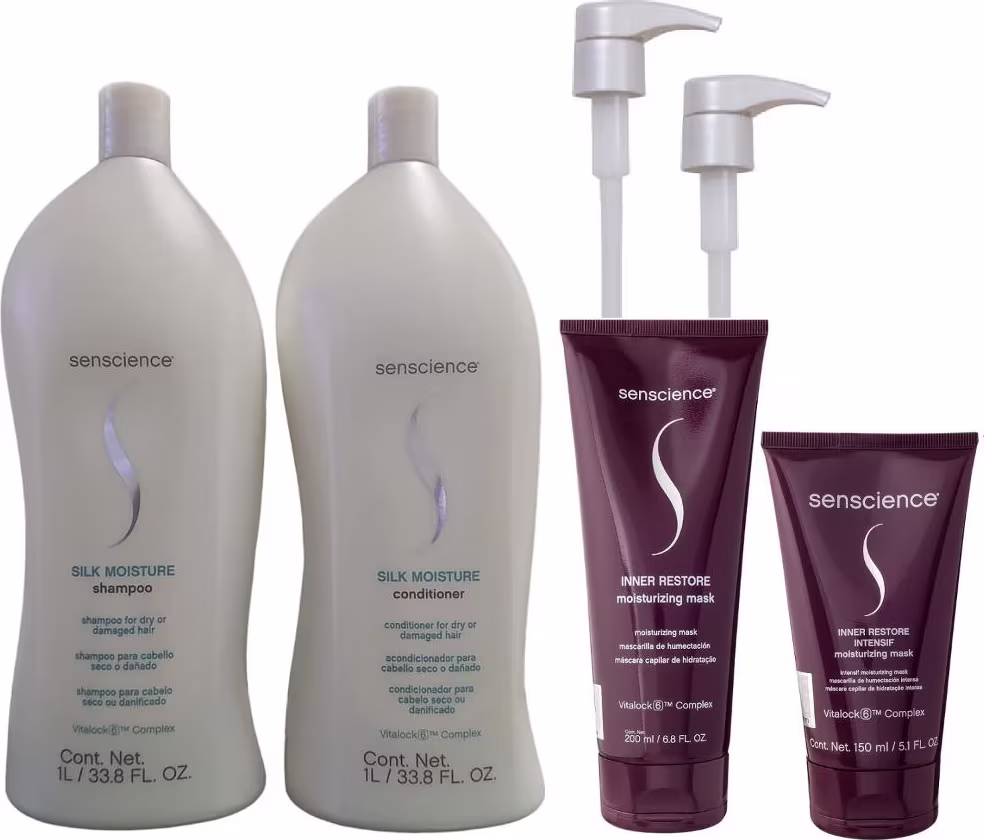 Kit Senscience Silk Moisture Shampoo e Condicionador 1L + Máscaras Inner intensif 150ml e Inner Restore 200ml + 2 Válvulas Pump
