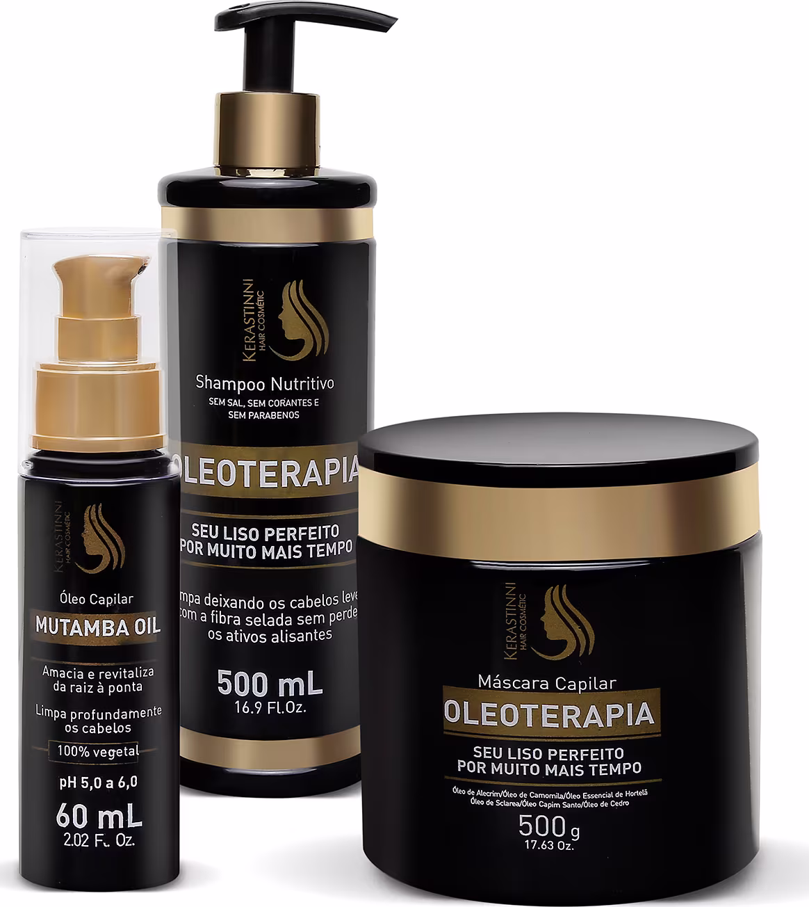 A imagem mostra três produtos de cuidados capilares da marca Kerastinni. O primeiro é um shampoo nutritivo, o segundo é um óleo capilar e o terceiro produto é uma máscara capilar em um pote preto com detalhes dourados.
