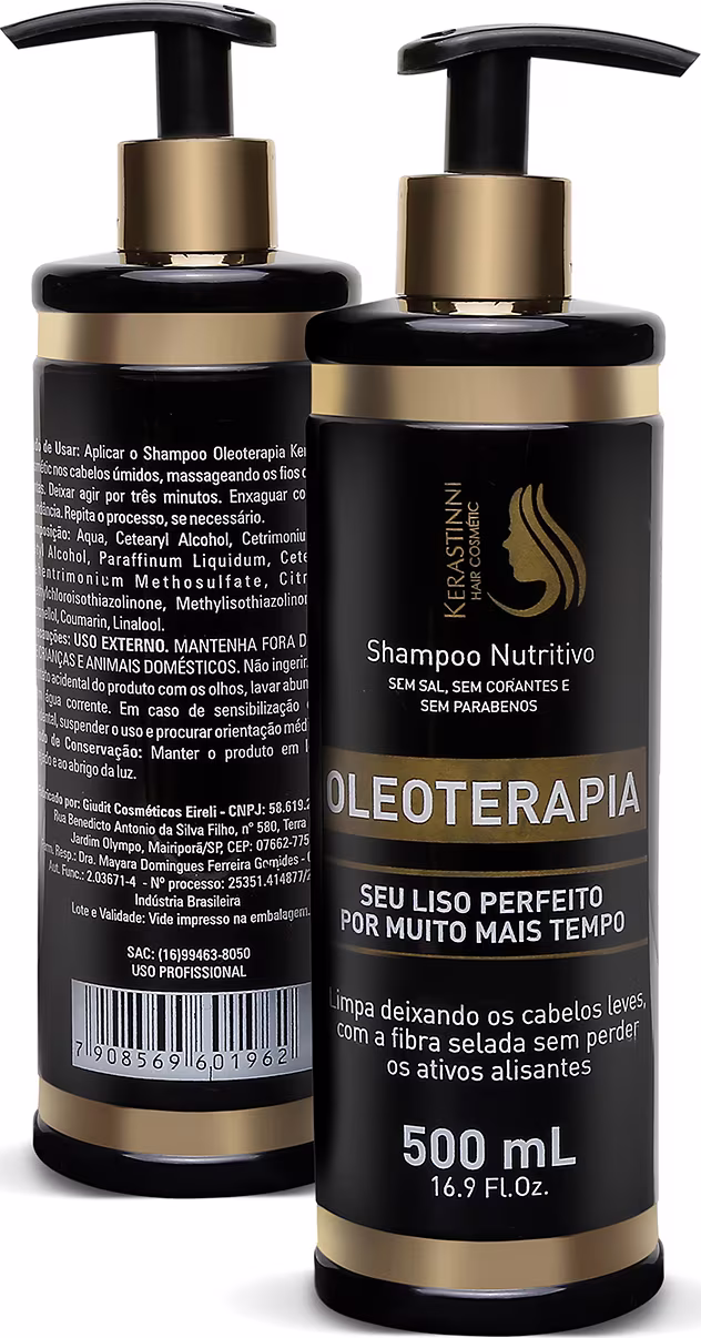 São dois frascos de shampoo da marca Kerastinni. Os frascos têm formato cilíndrico com bombas dosadoras pretas na parte superior. A embalagem é predominantemente preta com detalhes em dourado.