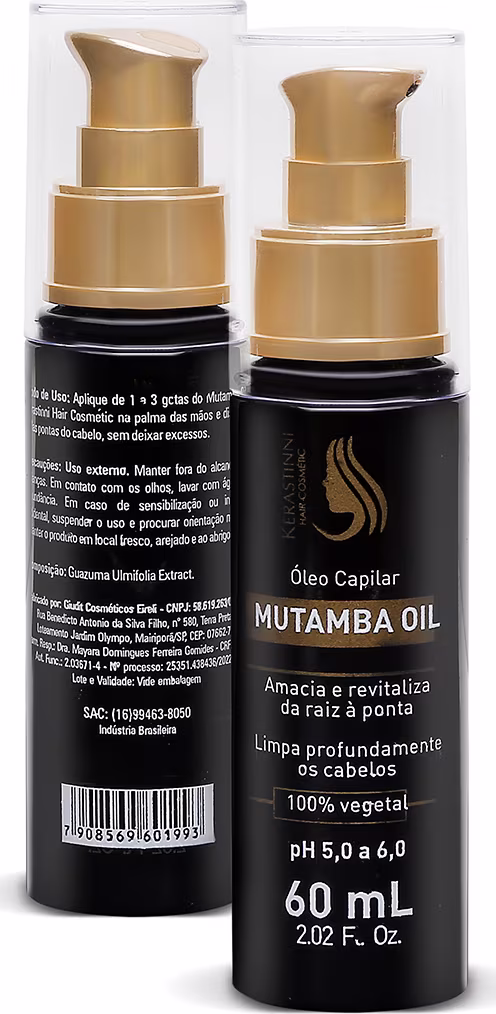São dois frascos de óleo capilar Mutamba Oil da marca Kerastinni. Os frascos têm formato cilíndrico com bombas dosadoras douradas no topo.