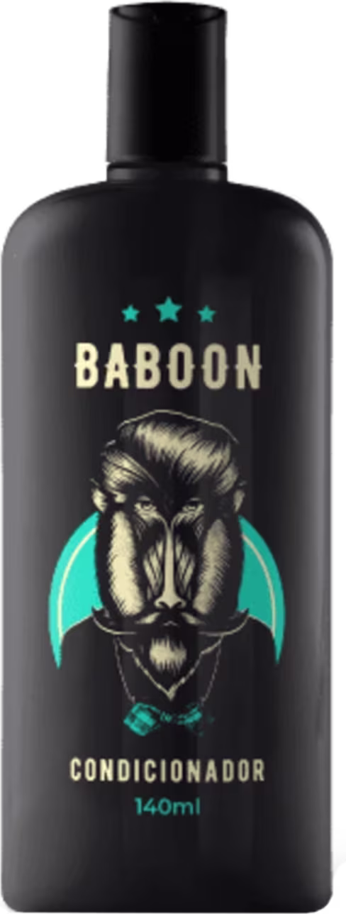 Condicionador Baboon em frasco preto opaco de 140ml. O frasco tem formato cilíndrico com tampa preta. Na frente, há uma ilustração estilizada de um babuíno com penteado alto e gravata, dentro de um círculo turquesa.