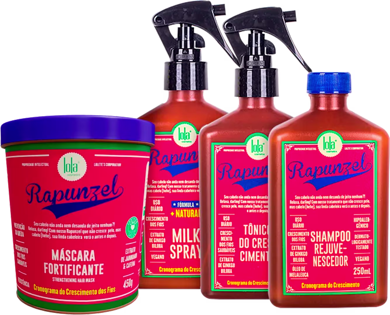 A imagem mostra 4 produtos de Lola From Rio Rapunzel. Todos têm cor marrom com rótulo vermelho com detalhes em azul, verde e amarelo. Um shampoo com frasco retangular, leave-in e tônico com frascos retangulares e tampa spray e um pote redondo de máscara.