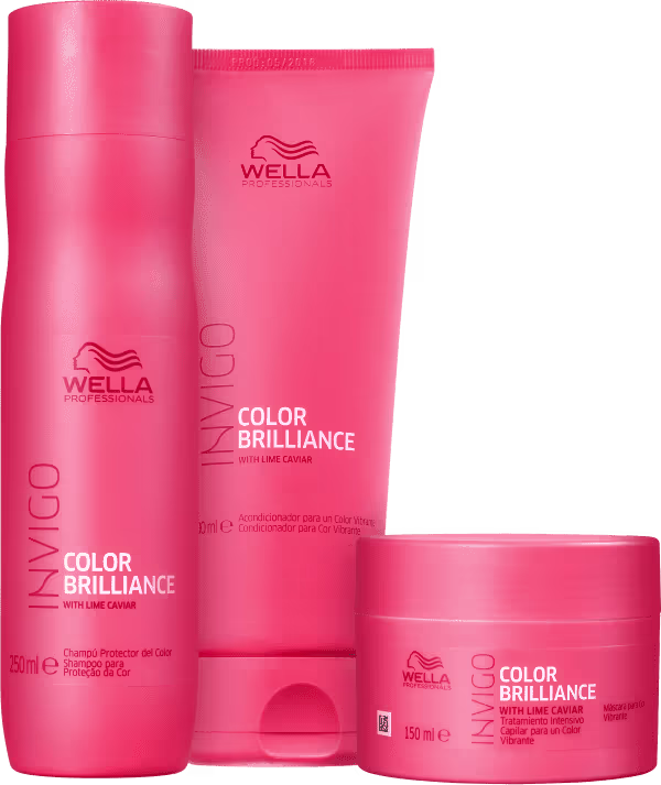 A imagem mostra uma linha de produtos para cuidados capilares da marca Wella Professionals. Há um shampoo, condicionador e máscara capilar. Todos os itens possuem um tom rosa vibrante.